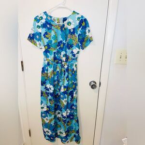 Vintage handmade blue floral dress with jacket fits med 8-10 ladies 60s 70s